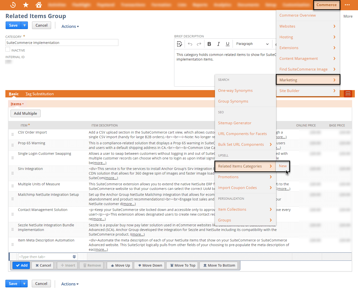 Related items group for SuiteCommerce.