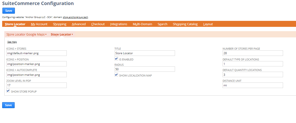 SuiteCommerce Configuration page.