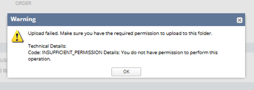 NetSuite warning message noting that the upload failed insufficient.