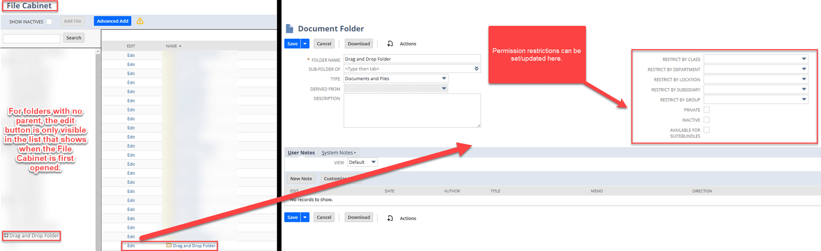 NetSuite file cabinet drag and drop folder to edit documents.