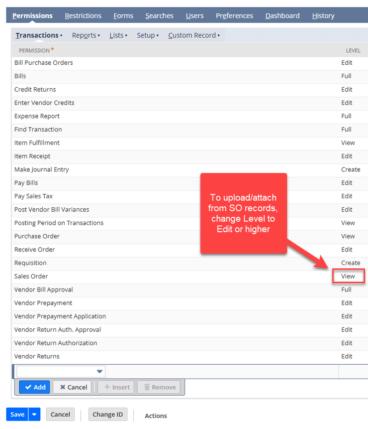 NetSuite permissions transactions with the permission view.