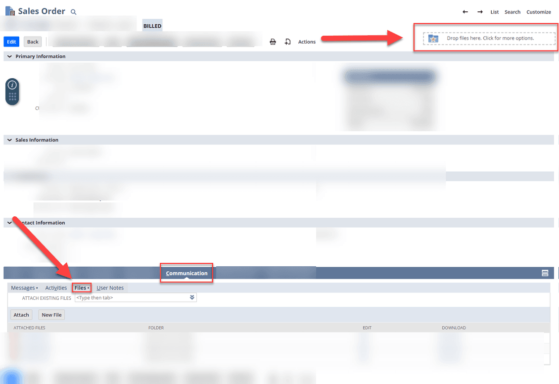 NetSuite sales order communication files drag and drop.