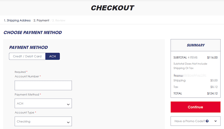 ACH payment method SuiteCommerce checkout page.