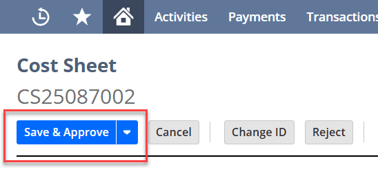 Cost Sheet page with the Save and Approve tab highlighted.
