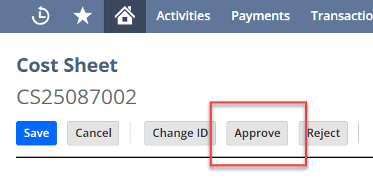 Cost Sheet page with the Approve button highlighted for emphasis.