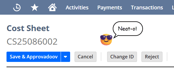 Cost sheet page with an emoji saying Neat-o!