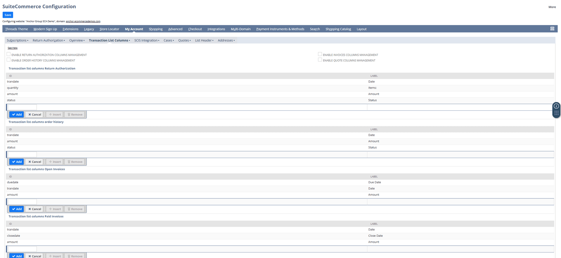 SuiteCommerce configuration my account transaction.