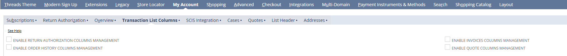 My account transaction list columns.