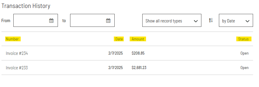 SuiteCommerce my account transaction history page.
