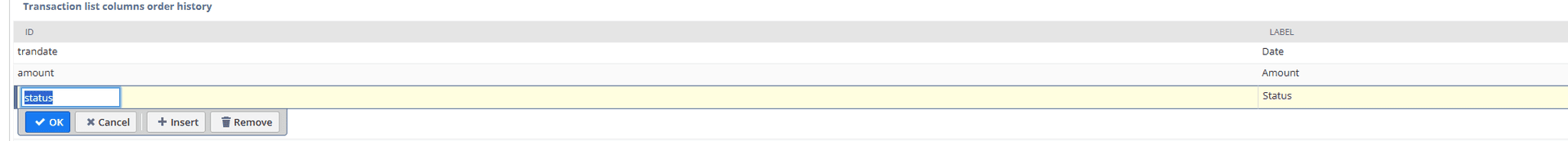 Transaction list columns with order history.