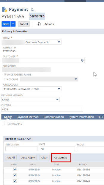 NetSuite payment page with the customize button highlighted.