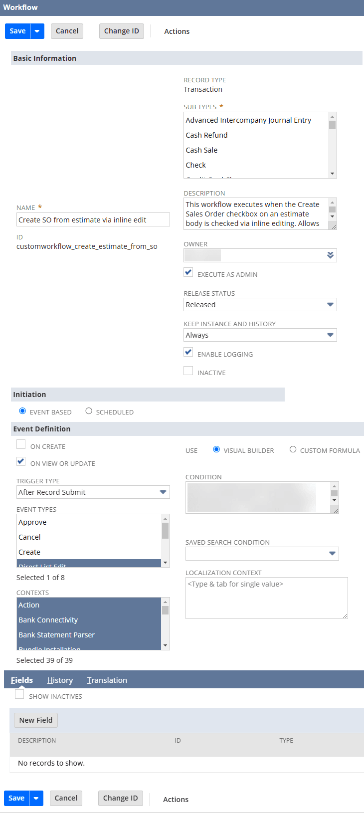 NetSuite workflow definition fields.