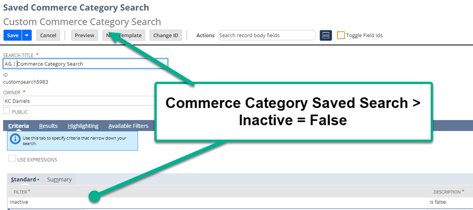 Saved search for the custom commerce category.