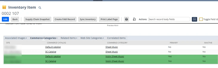 Item record webstore tab commerce categories subtab.