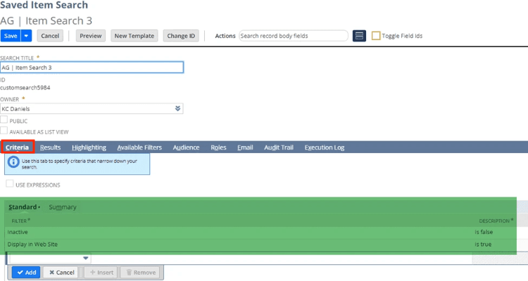 NetSuite saved item search criteria.