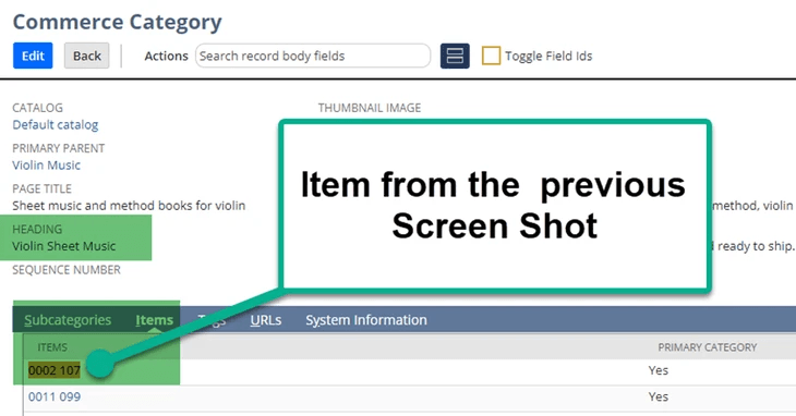 Commerce category record items subtab.