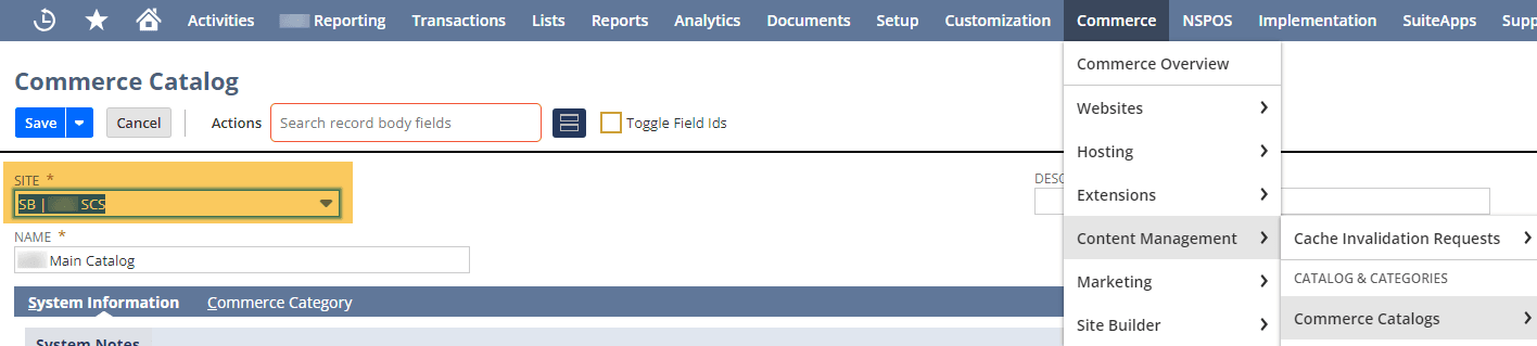 NetSuite navigation commerce catalog site.