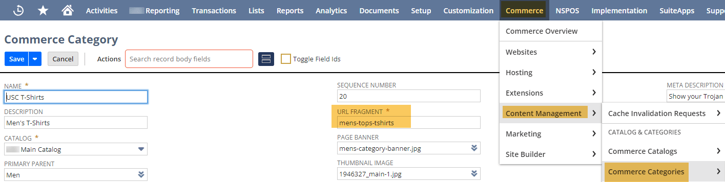 NetSuite navigation for commerce content management.