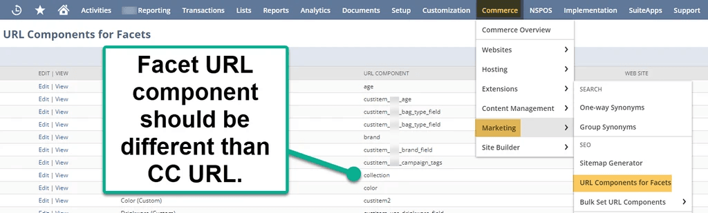 Commerce marketing URL components for facets.