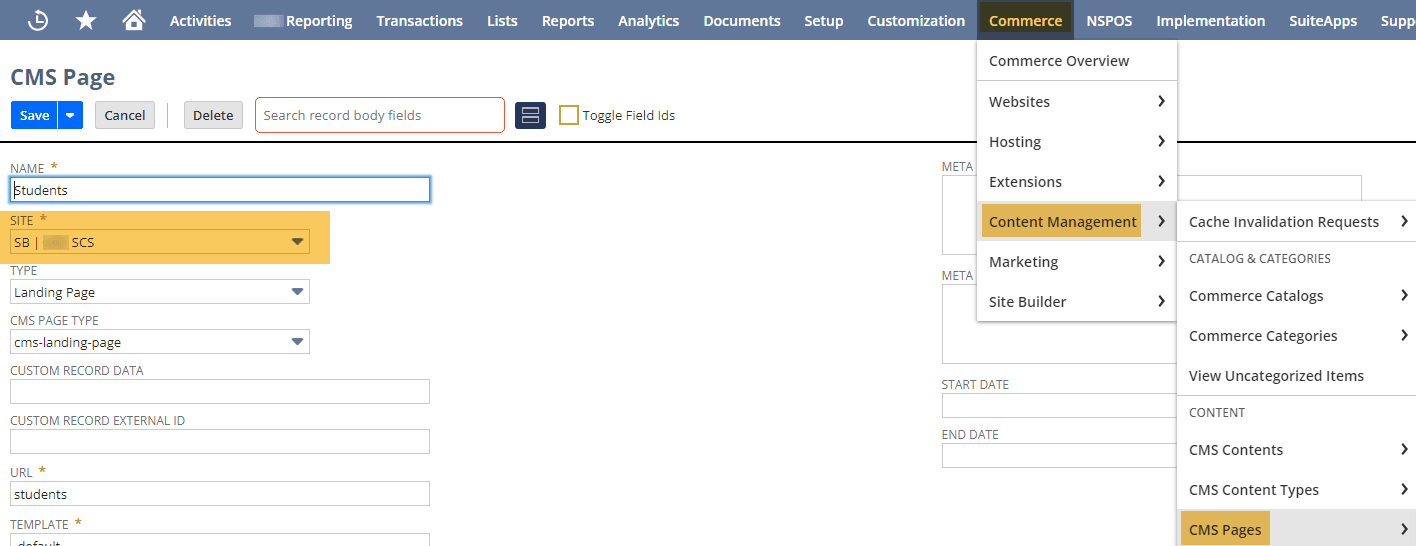 NetSuite commerce content management CMS page.