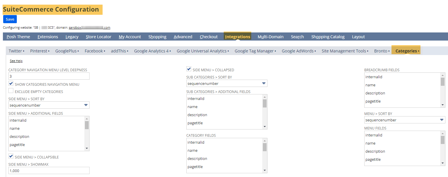 SuiteCommerce configuration integrations for categories.