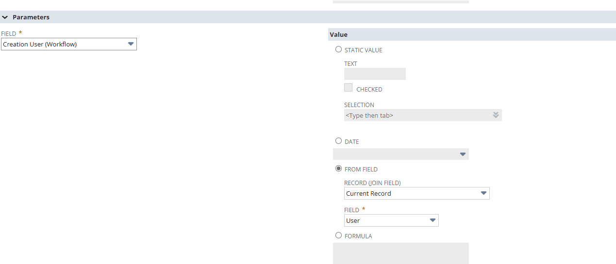 Parameters field creation user workflow.