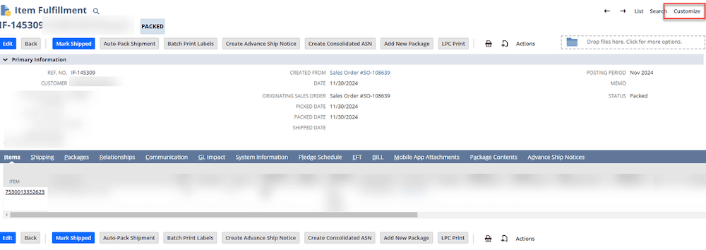 Customize NetSuite item fulfillment.