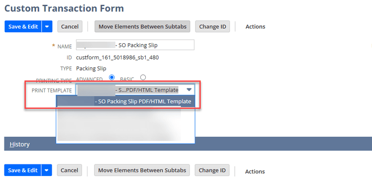NetSuite custom transaction form print template.