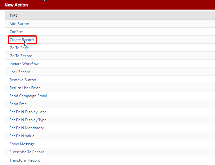 NetSuite page to select the Create Record option.