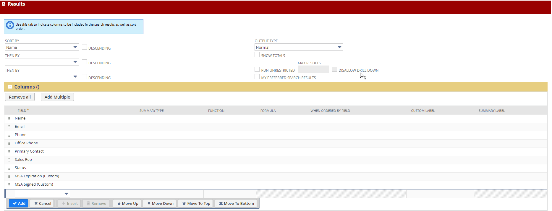 Saved search results page.