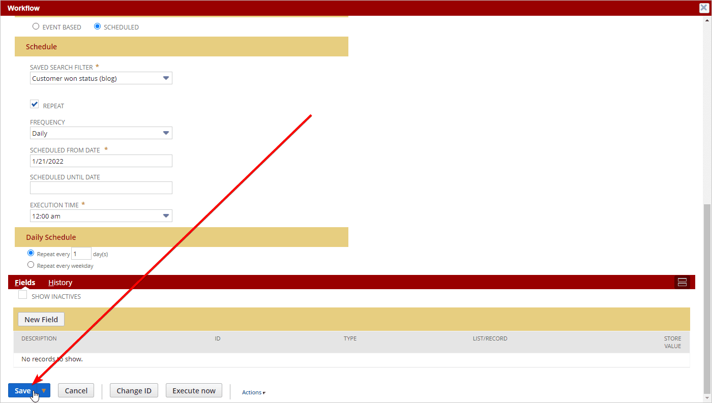 Workflow page with the save button highlighted.