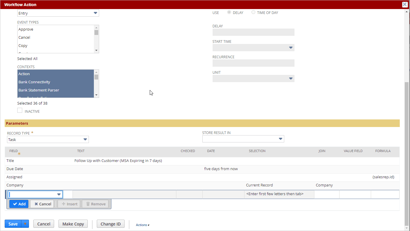 Parameters page with various configurations.