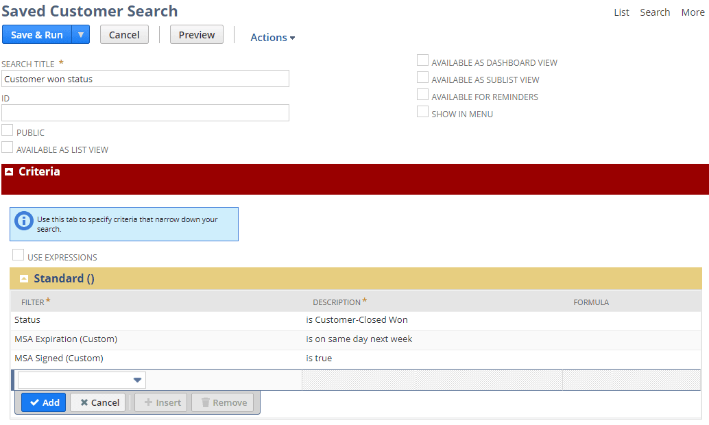 Saved Customer Search page with various criteria.