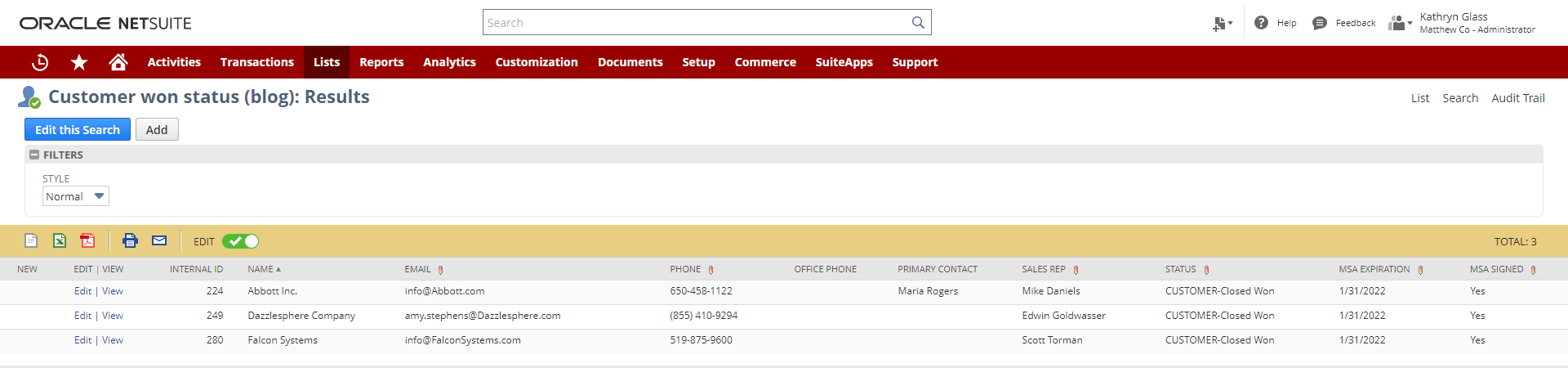 Saved search test run results.