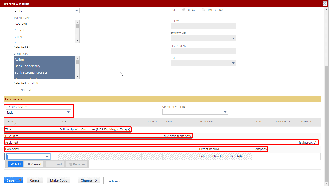 Workflow action parameters page.
