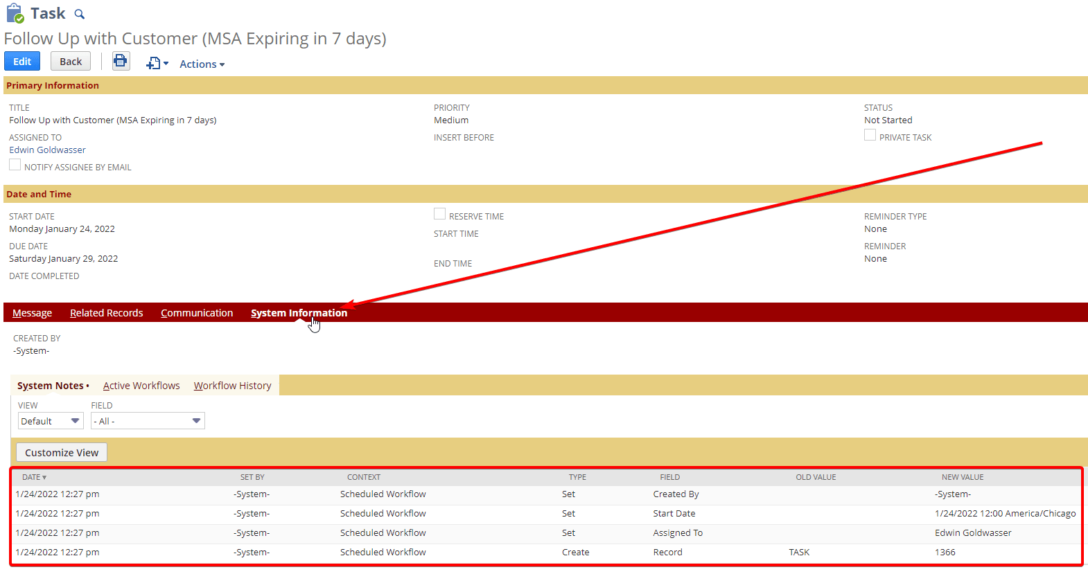 Task workflow in the NetSuite system notes.