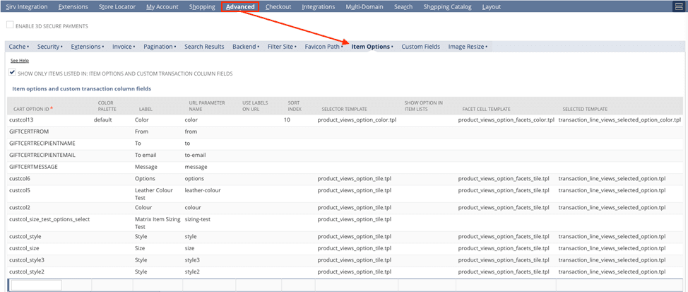 NetSuite advanced item options.