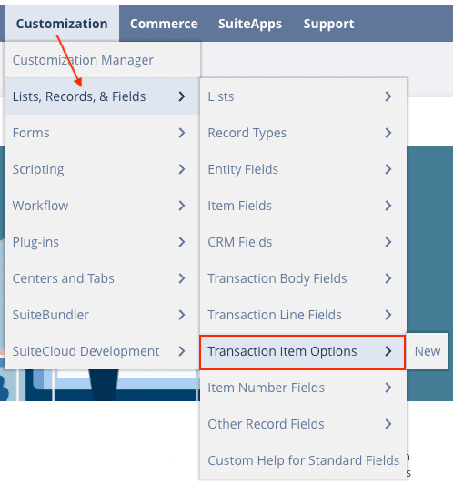 Transaction item options navigation.