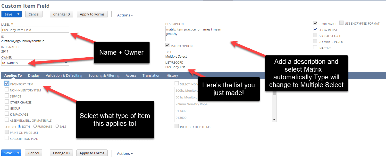 Custom item field page.