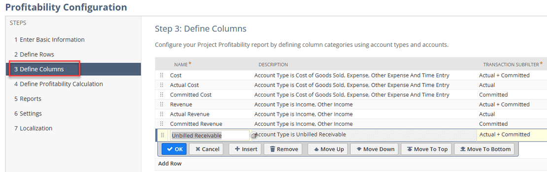 NetSuite profitability configuration define columns.
