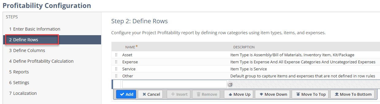 NetSuite profitability configuration define rows step.