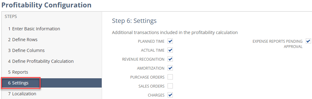 NetSuite profitability configuration settings.