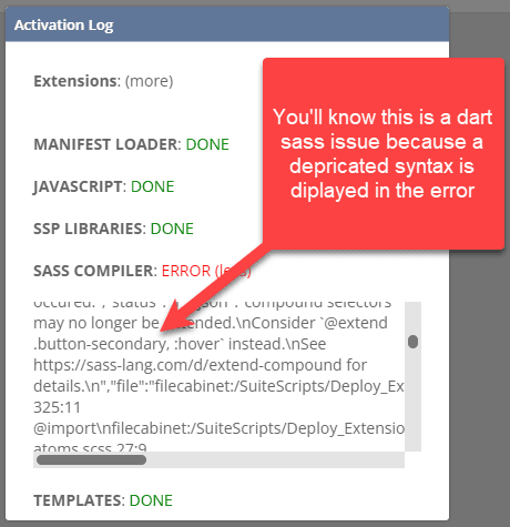 Dart SAAS error syntax with a red message of instructions.