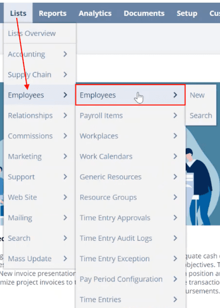 Navigation lists to navigate to the Employees page.