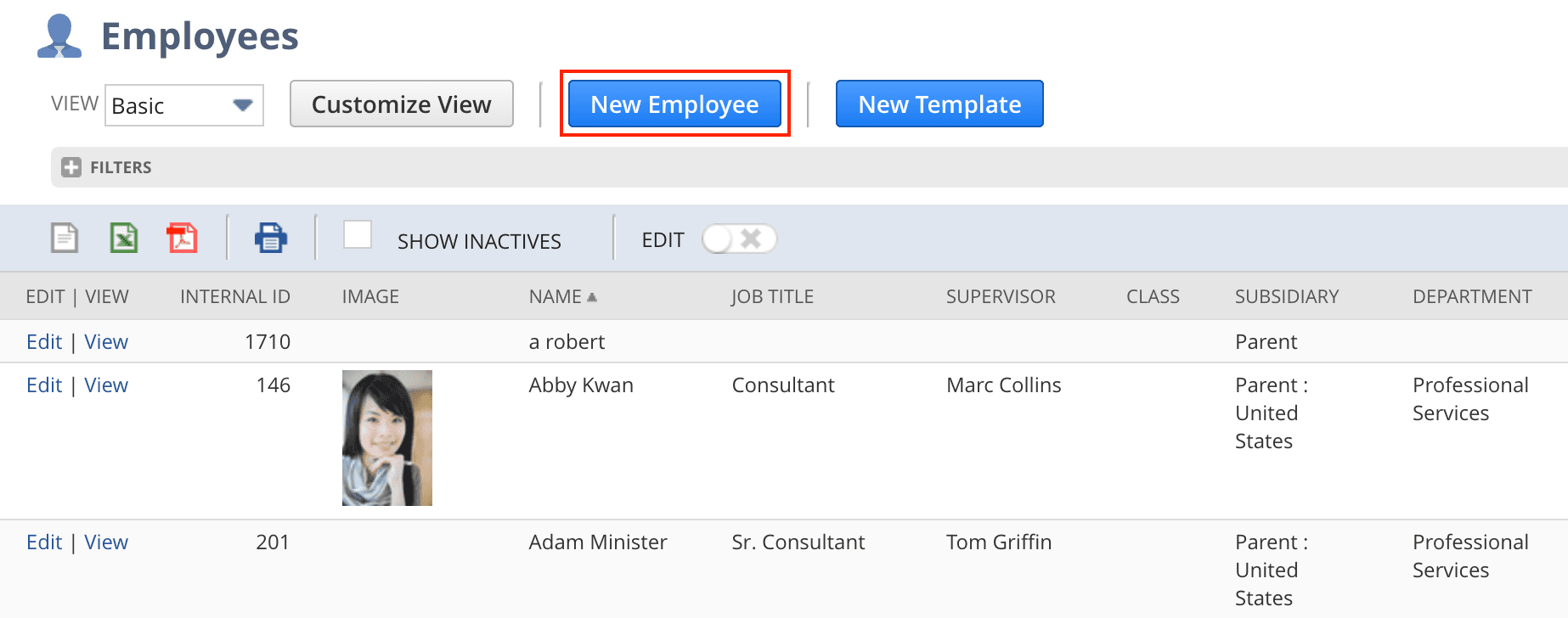 Employee list of new employees in the Employees page.