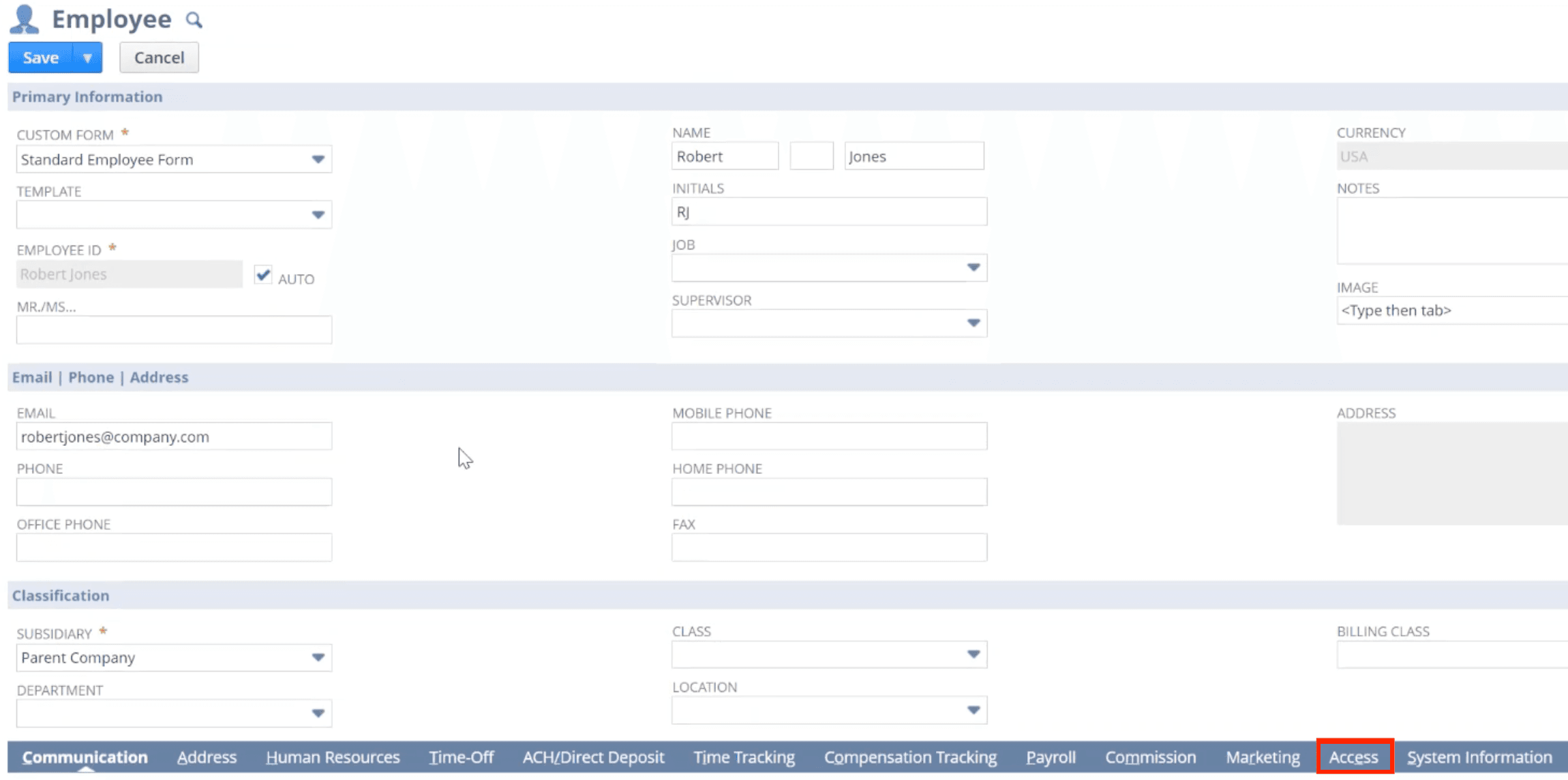 Access tab employee record page.