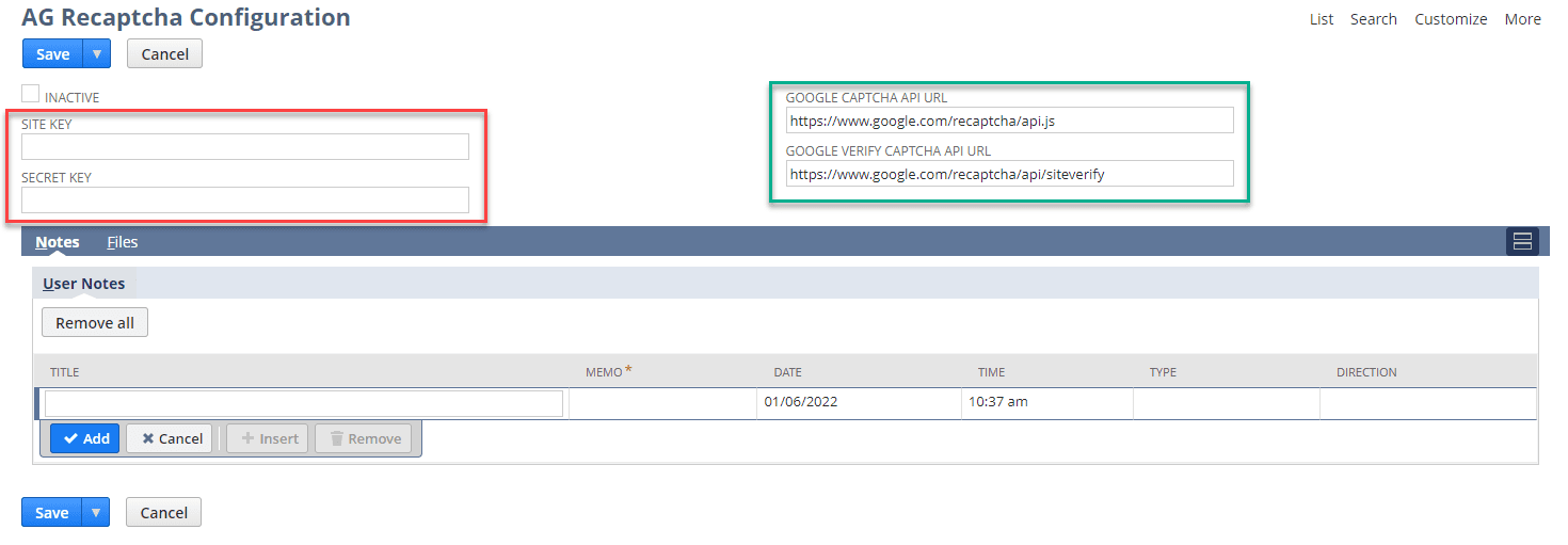 AG Recaptcha Configuration page screenshot.