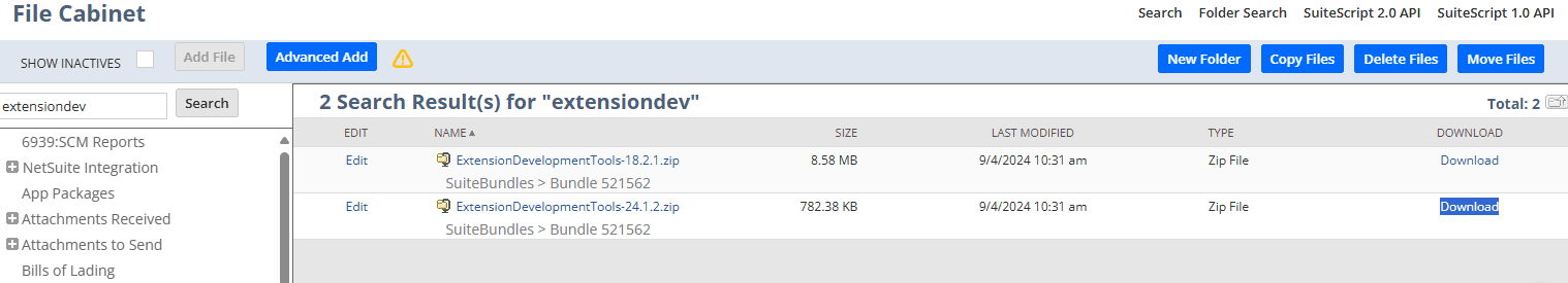 Screenshot of NetSuite file cabinet  extension dev.