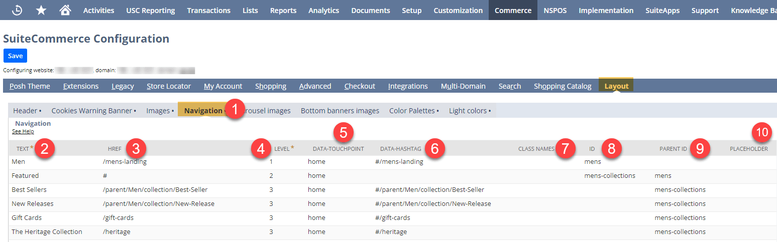 SuiteCommerce configuration navigation tab.