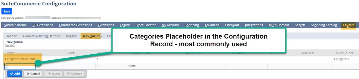Categories placeholder SuiteCommerce configuration page.